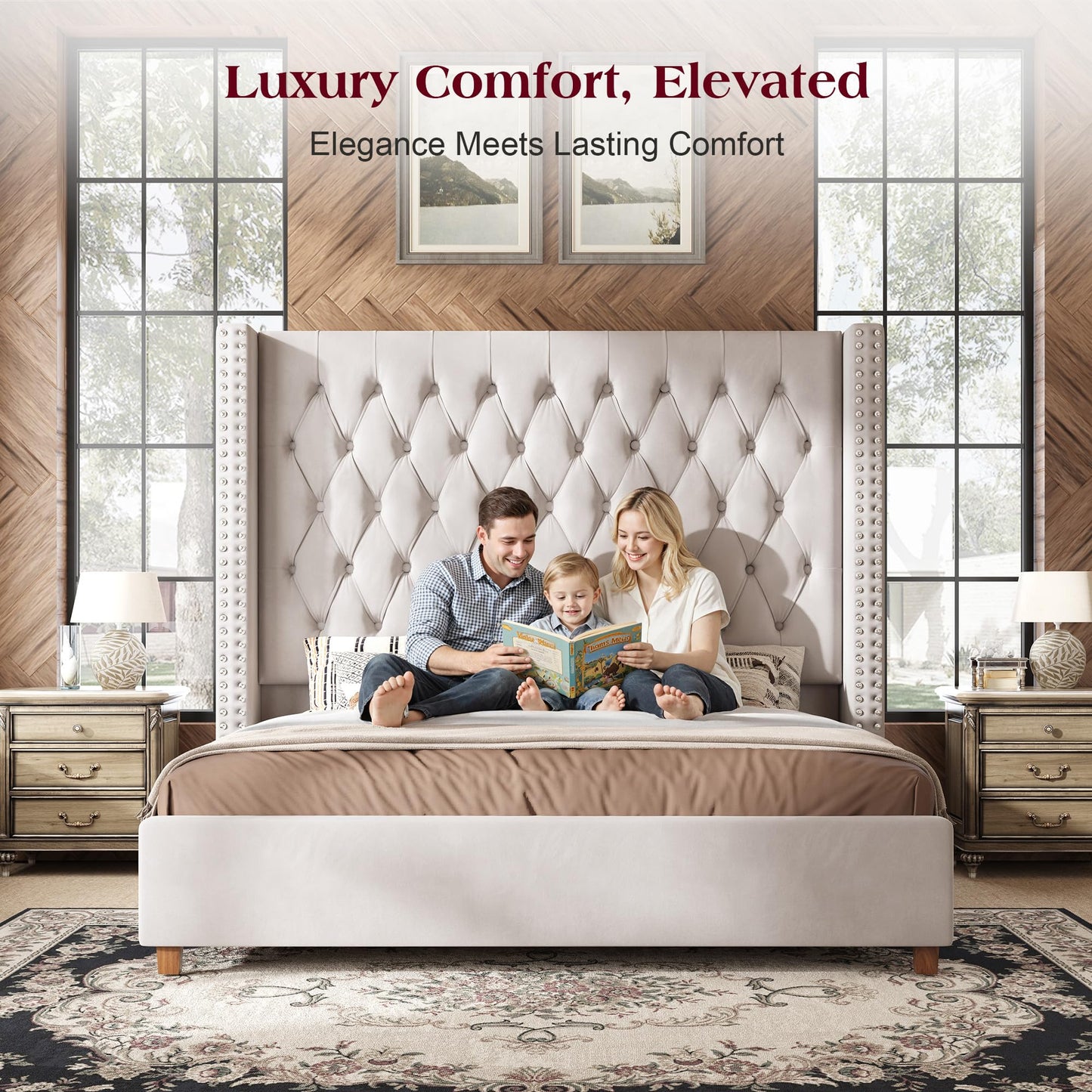 PaPaJet California King Bed Frame with 61.4" Tall Wingback Headboard, Velvet Upholstered Platform Bed, No Box Spring Needed, Noise-Free&Easy Assembly, for Tall Sleepers & Long Master Bedroom, Cream