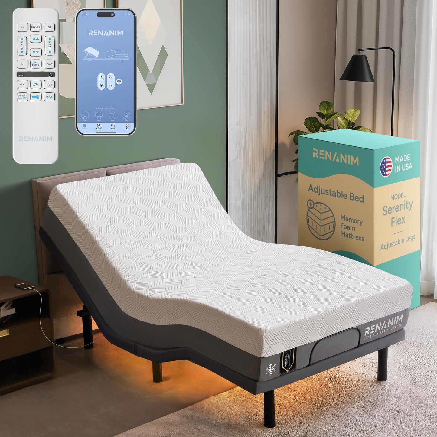 Renanim SF Twin XL Adjustable Bed Frame and Mattress - 10" Cooling Gel Memory Foam - Electric Massage - Zero Gravity - Wireless Remote for Head & Foot Incline - Underbed Night Lights & 4 USB Ports
