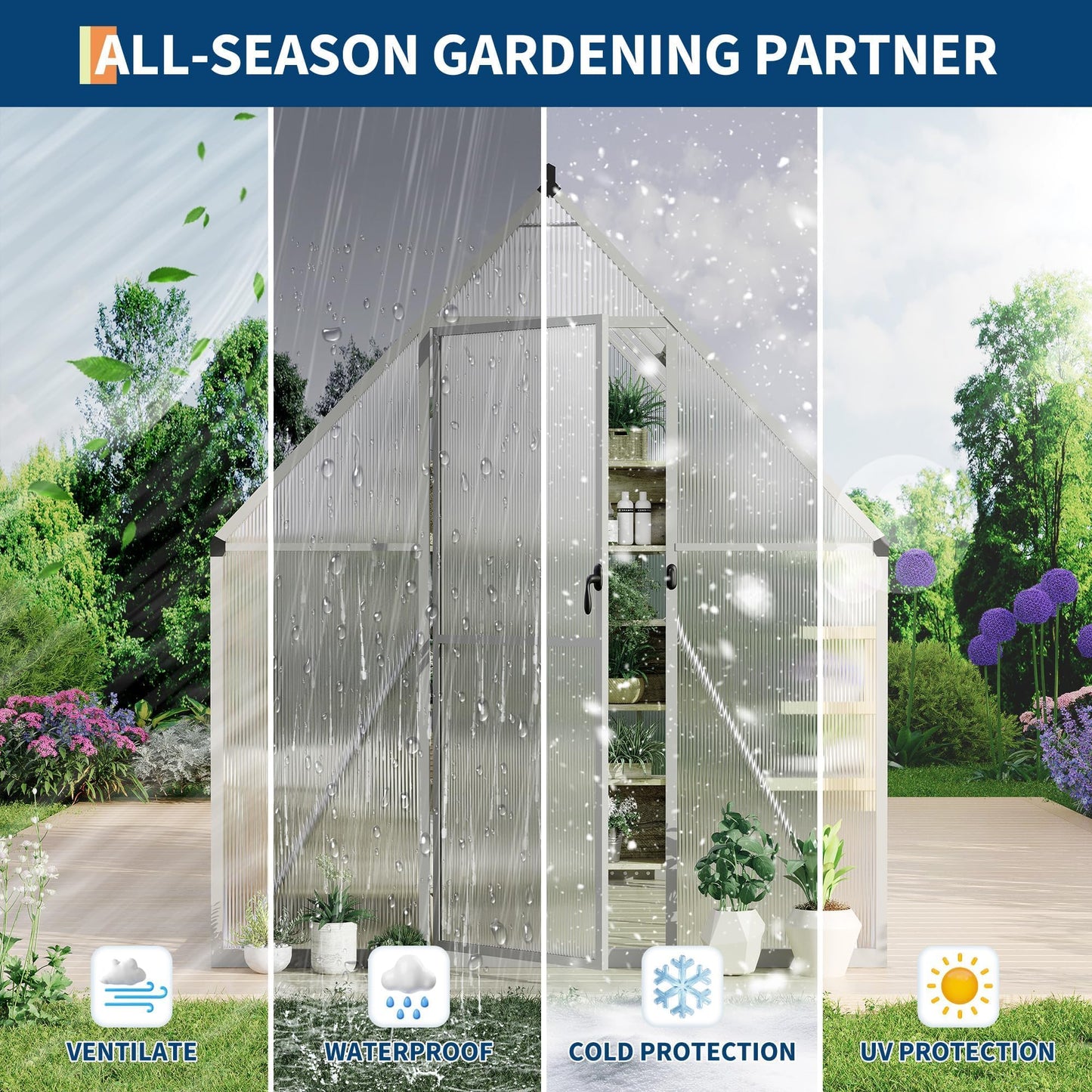 6x7 ft Heavy Duty Polycarbonate Walk-in Greenhouse with Reinforced Aluminum Frame, Adjustable Roof Vent, and UV Protection Panels for Outdoor Backyard Gardening and Year-Round Plant Care
