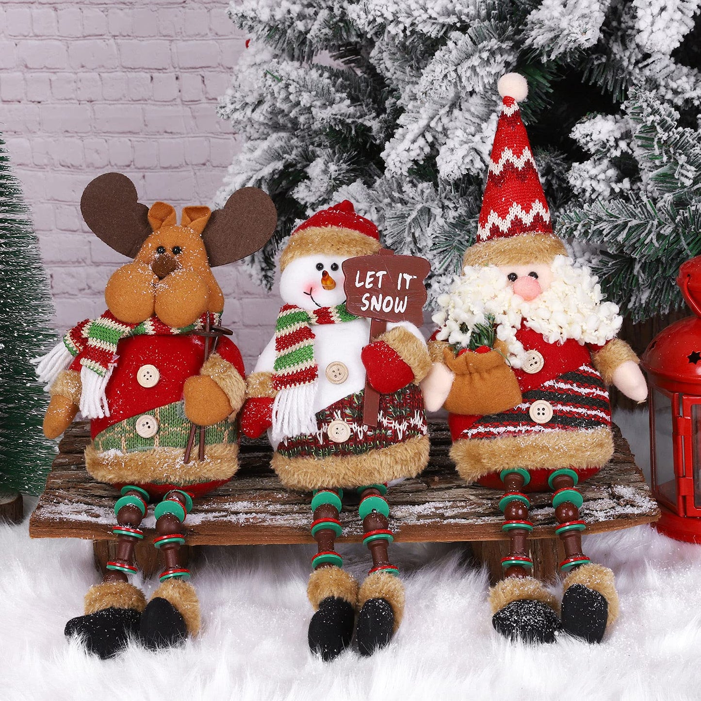 Aneco 3 Pieces Table Top Christmas Decorations Cute Christmas Sitting Santa Snowman Reindeer Doll Long Legs Christmas Ornament for Home Decoration