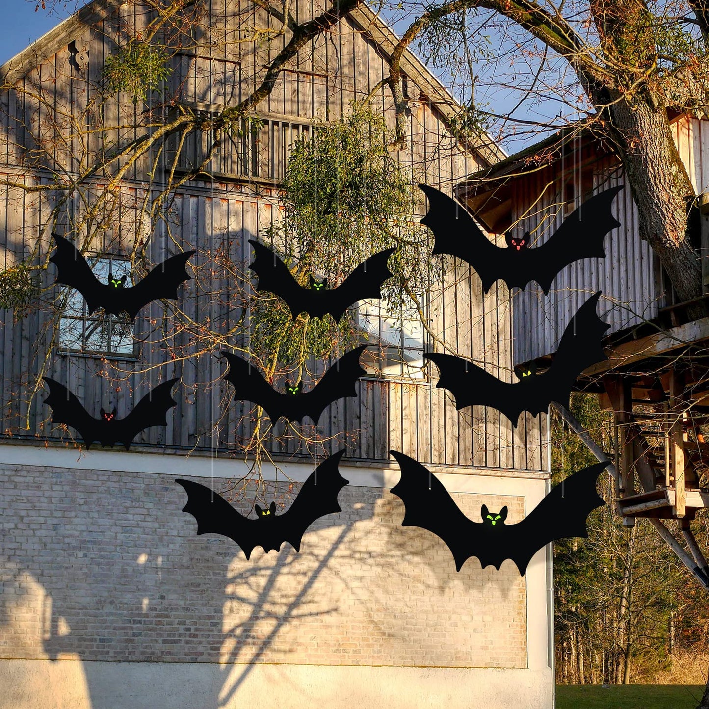 VERNILLA Hanging Bats Halloween Decorations 12pcs Halloween Hanging Flying Bat with Glowing Eyes for Outdoor Decor