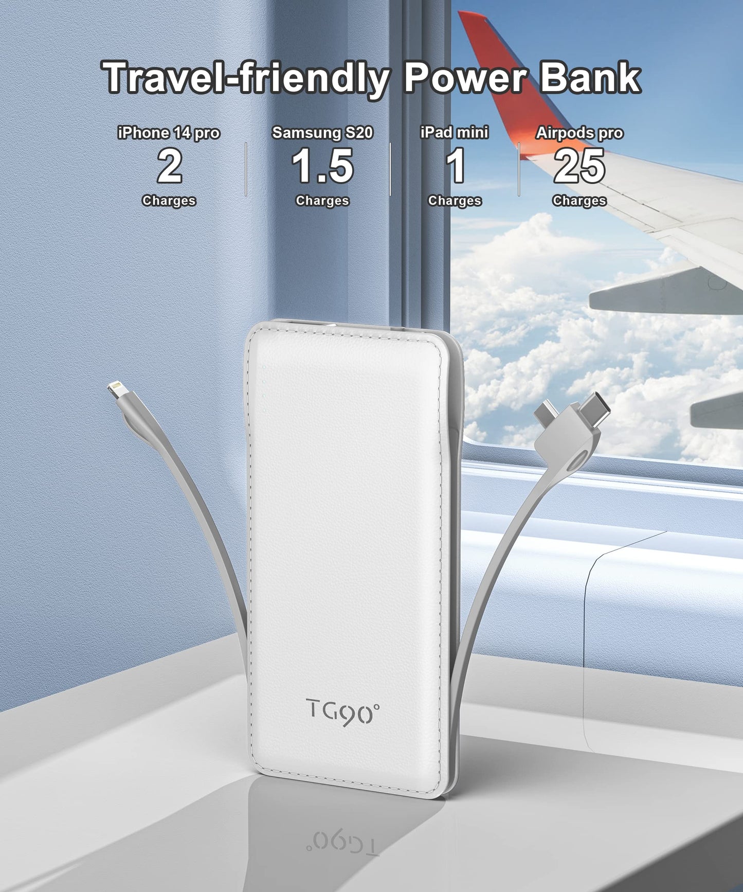 TG90° Portable Charger 10000mah Cell Phone Battery Backup, Ultra Slim Power Bank with Built in Lightning and USB-C Cable, Portable Phone Charger Battery Packs Compatible with iPhone Android Phones
