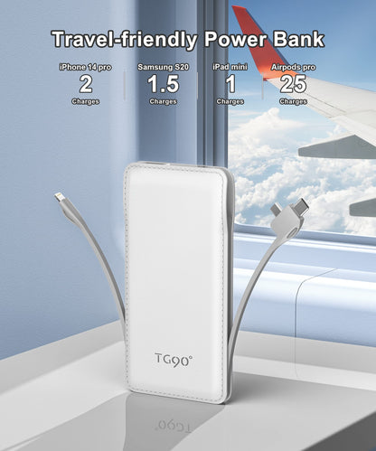 TG90° Portable Charger 10000mah Cell Phone Battery Backup, Ultra Slim Power Bank with Built in Lightning and USB-C Cable, Portable Phone Charger Battery Packs Compatible with iPhone Android Phones