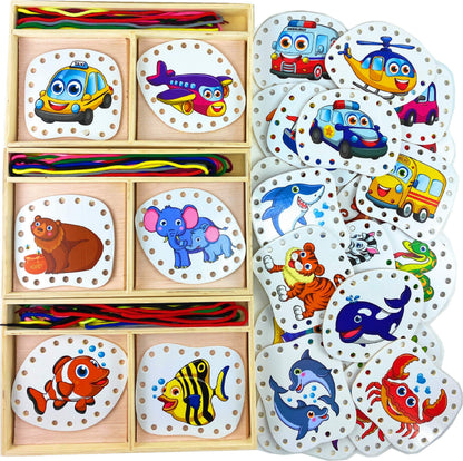 Matty's Toy Stop Deluxe Lacing Shapes (10 Count) Vehicles, Fish & Jungle Animals Educational Gift Set Bundle - 3 Pack (30 Shapes Total)