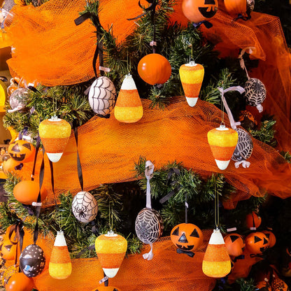 12 Pcs Halloween 3D Glitter Candy Corn Ornaments Large Halloween Candy Corn Hanging Pendant with Ropes Mini Tree Decorations for Halloween Christmas Holiday Garland Candy Party(Candy Style)