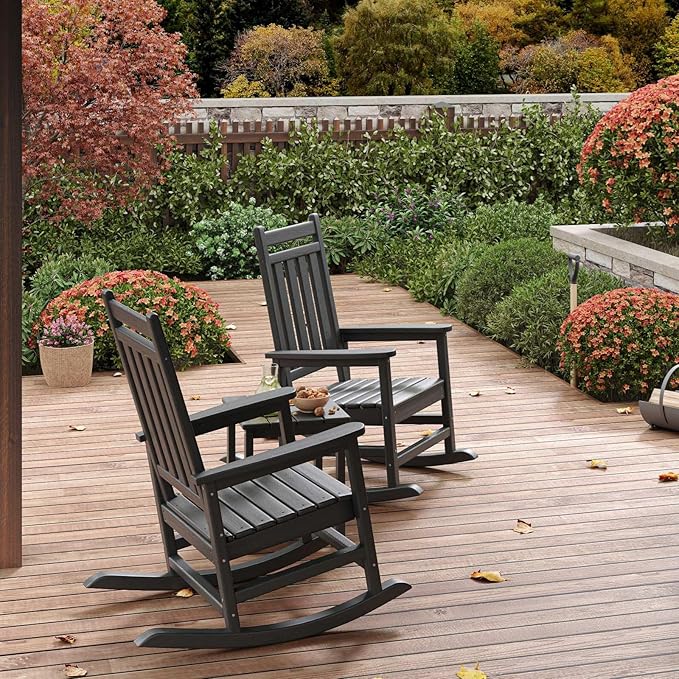 Poly Lumber Rocking Chair Outdoor Set of 2 with Side Table - HDPE High Back Porch Rocker Chairs for Adults - All Weather Resistant Furniture for Patio - Black