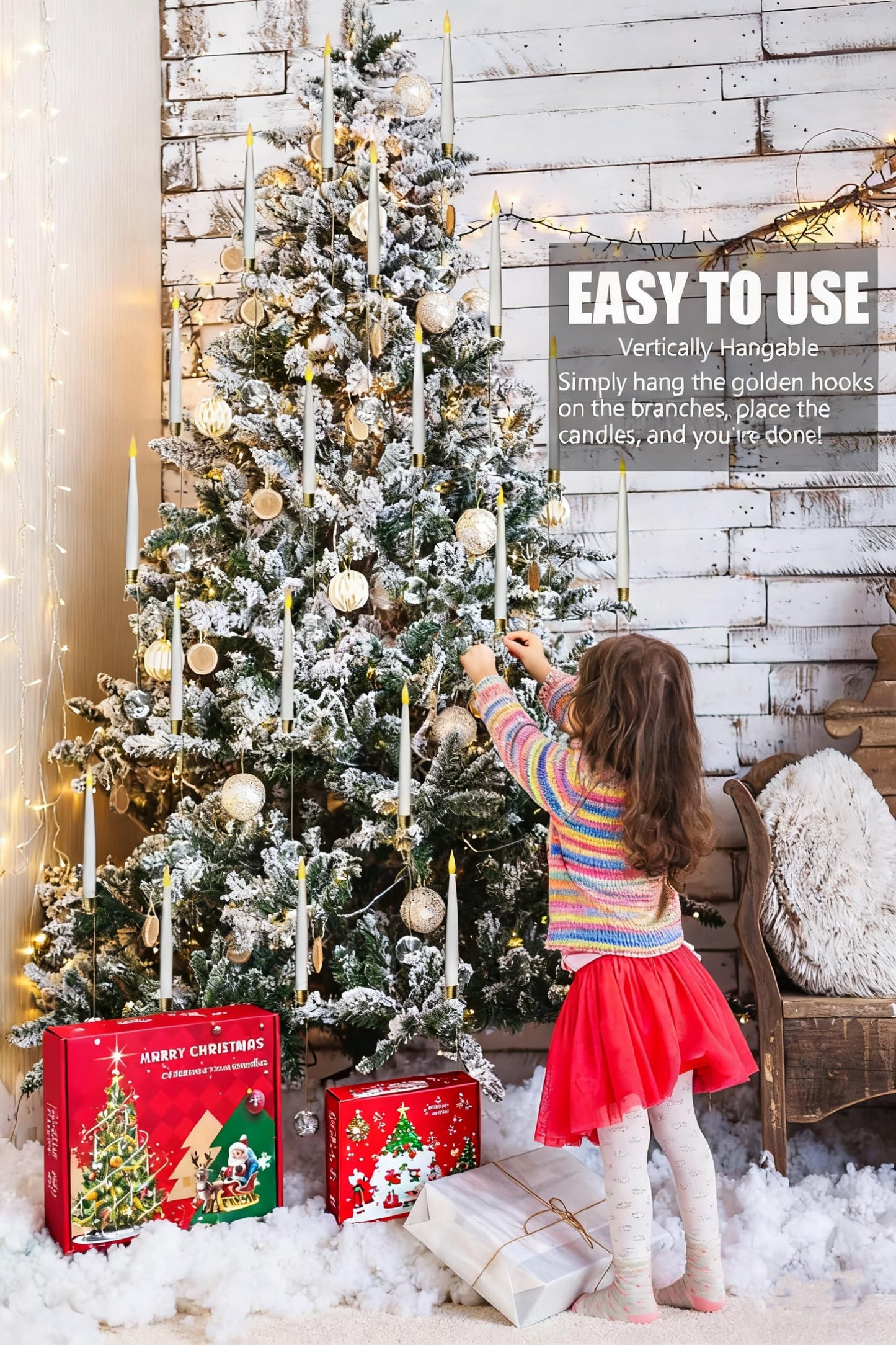 Christmas Tree Candles, 12 Pack Flameless Taper Candles for Christmas Tree Decor, Battery Operated with Remote Flickering LED Candles with Clear Crystal Ball Gold Hook for Xmas Gift Wedding Home Decor