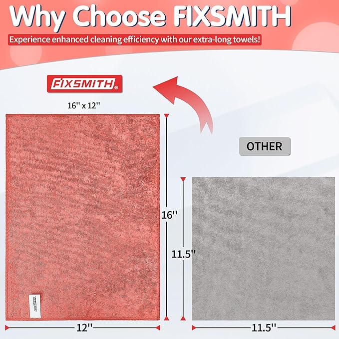 FIXSMITH Red Microfiber Cleaning Cloth -Pack of 8, Highly Absorbent Cleaning