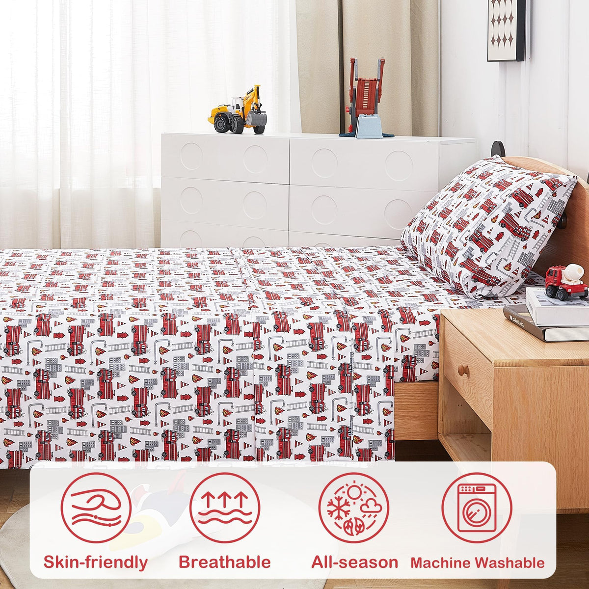 Softan Kids Bed Sheet Set, Boys Twin Size Sheets, Microfiber Kids Fitted Sheet and Pillowcase, Breathable and Silky Soft, 3 Piece Fire Engines Printed Twin Bed Sheet