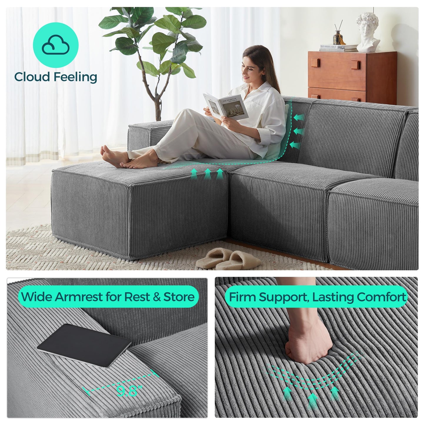 LINSY HOME Modular Sectional Sofa, 134" Boneless Couch L Shaped 4-Seat Sofa with Movable Ottoman, Corduroy Sectional Cloud Couches for Living Room, No Assembly Required, Bluish Grey