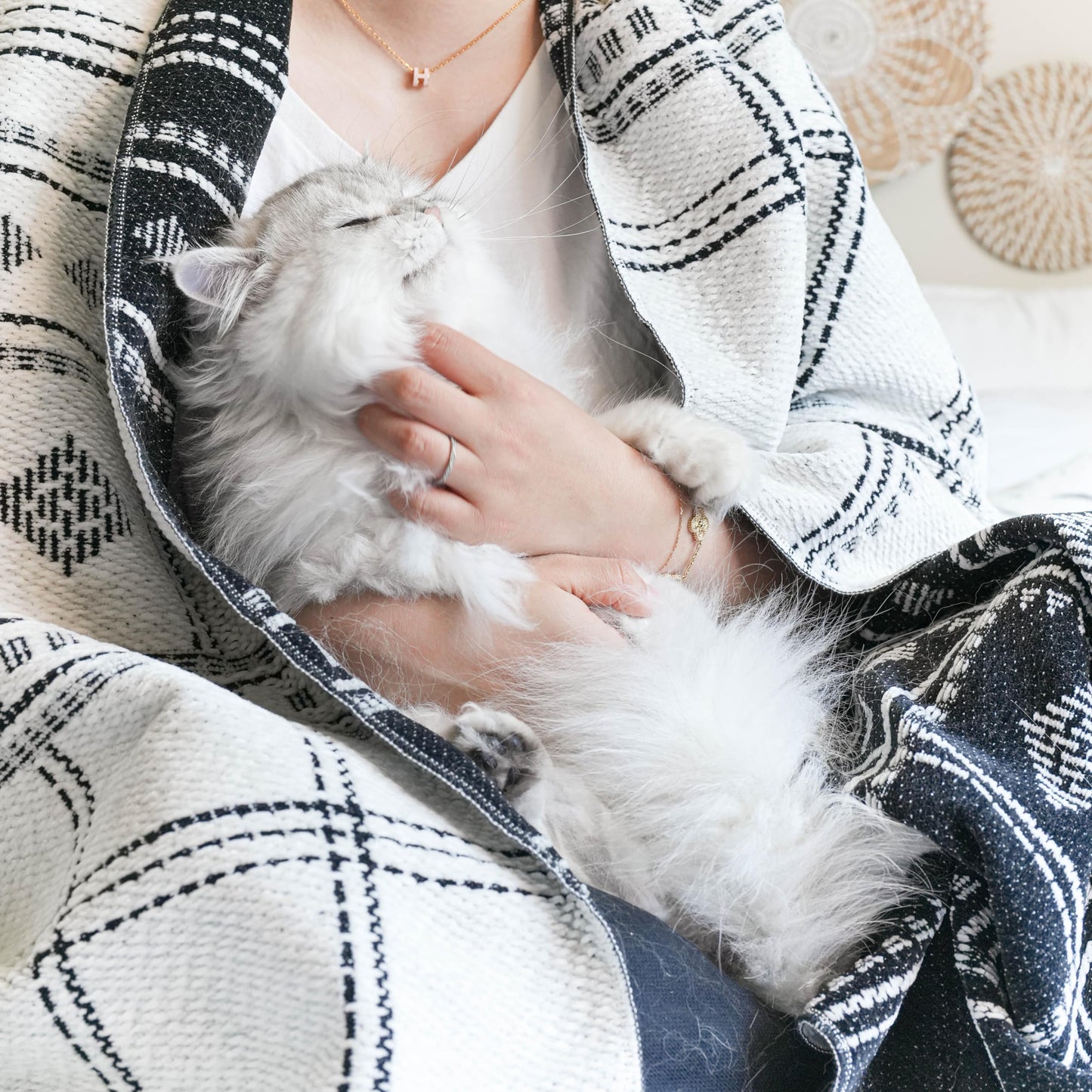 BlissBlush White Black Boho Throw Blanket, Warm Soft Comfy Chenille 55x65, Textured Dual Sided Reversible Blanket for Couch Bed, Skin Friendly