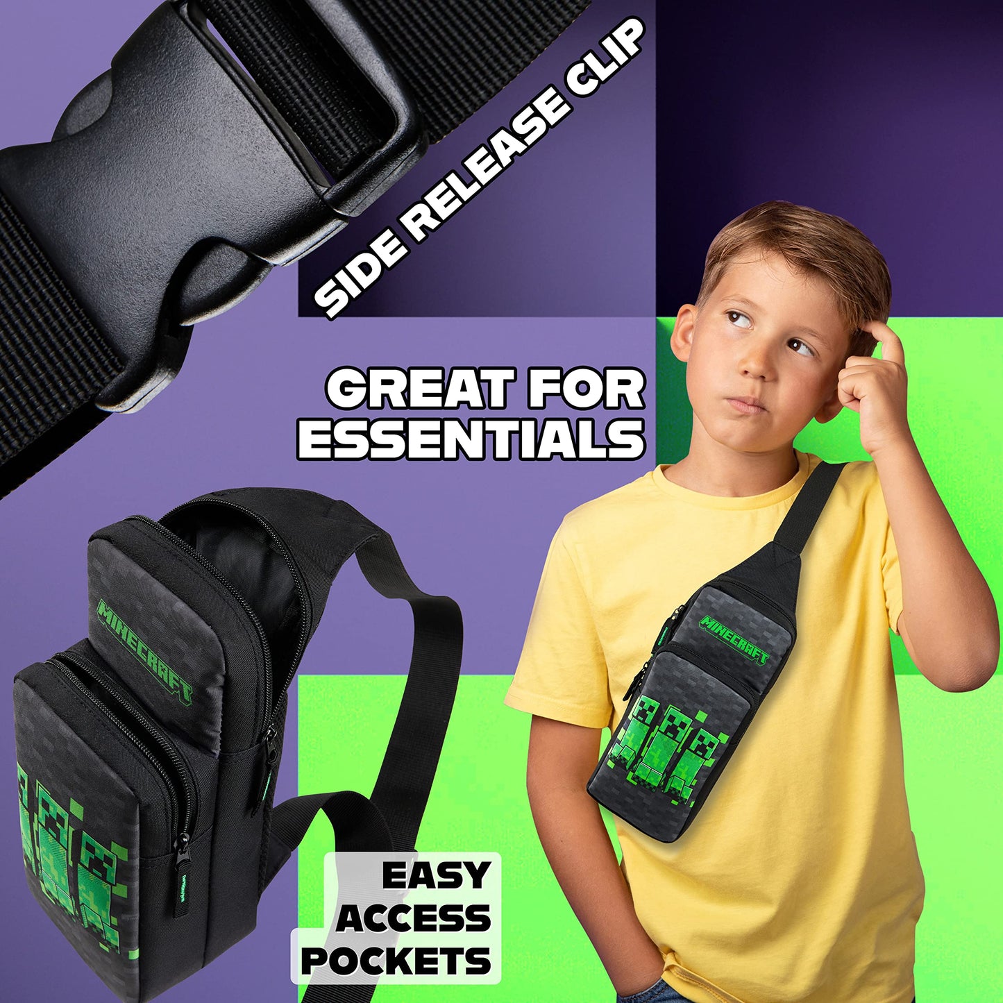 Minecraft Crossbody Bag for Boys Teens Creeper Sling Bag with Compartments Adjustable Strap Chest Bag for Travel Holidays Ideal for Phone Wallets Gamer Gifts (Black/Green)