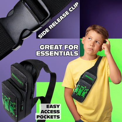 Minecraft Crossbody Bag for Boys Teens Creeper Sling Bag with Compartments Adjustable Strap Chest Bag for Travel Holidays Ideal for Phone Wallets Gamer Gifts (Black/Green)