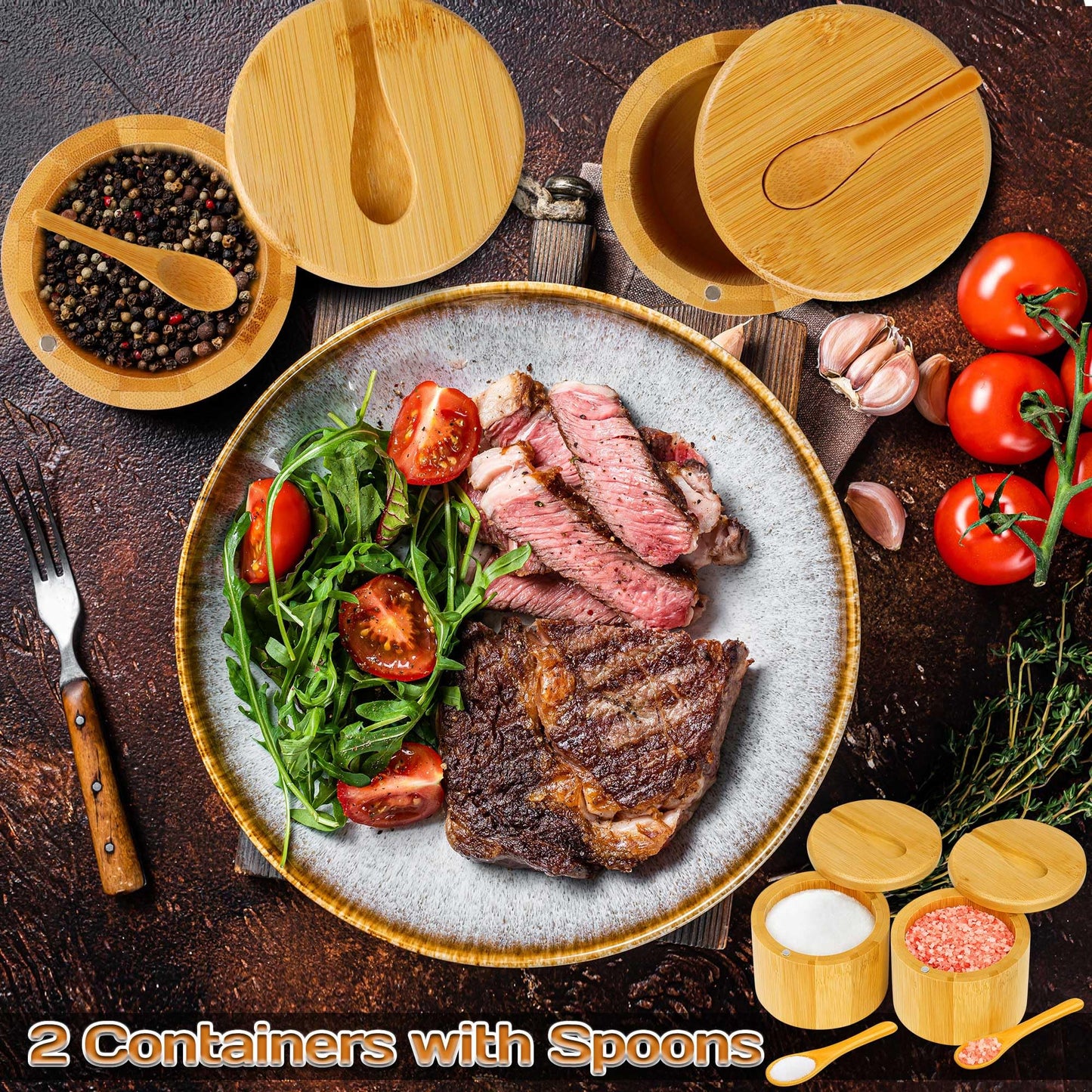 Loscarol 2Pcs Bamboo Salt Cellar Spice Box with Magnetic Swivel Lid & Spoon, Bamboo Storage Box Salt Container to Storage Pepper, Table Salt, Gourmet Salts, Spice, Sugar, 6 oz