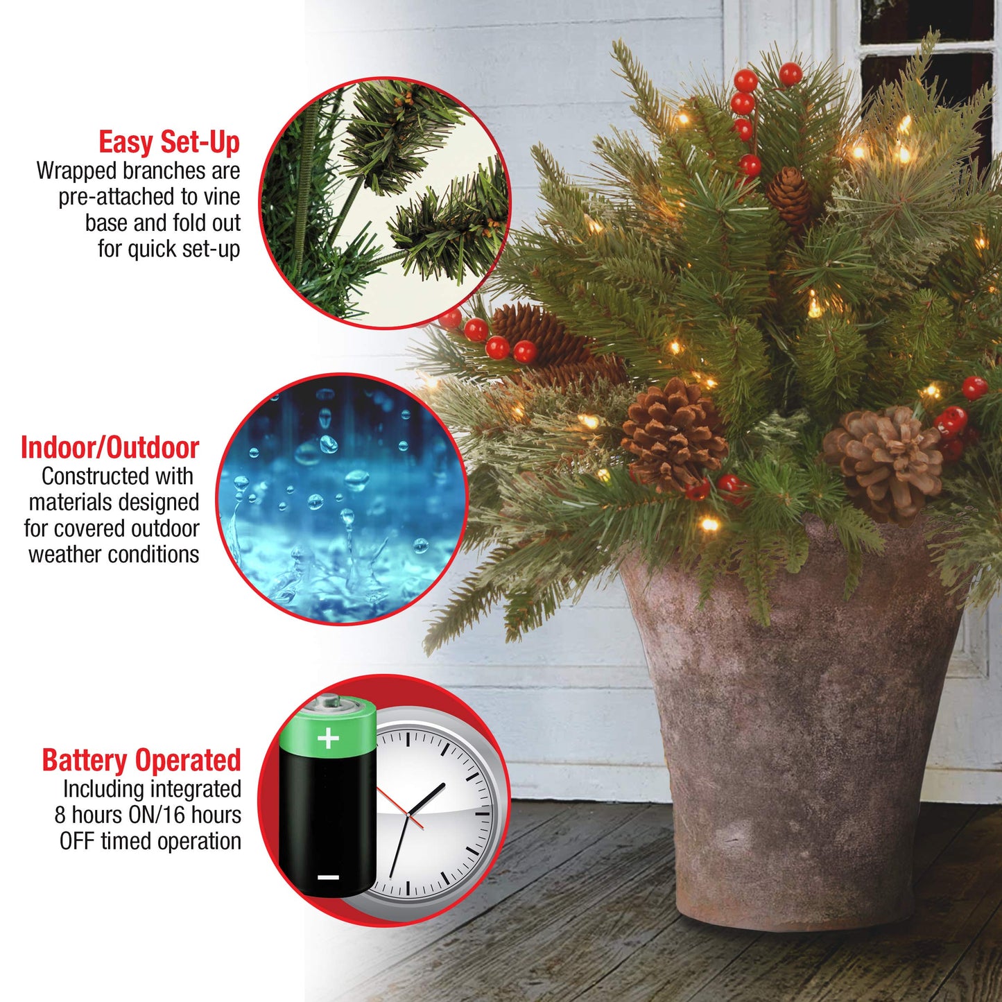 National Tree Company 18 in Pre-Lit Colonial Fir Artificial Christmas Urn Filler, Christmas Decoration with Pinecones, Red Berries, 35 Clear LED Lights, 167 Tips, Timer, Tripod Stake, Green