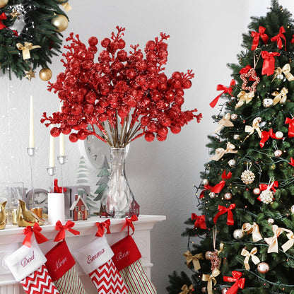 Sggvecsy 30Pcs Christmas Glitter Berries Stems Artificial Red Berry Branches Holly Picks Stems Christmas Tree Ornaments for DIY Xmas Wreath Crafts Gifts Holiday Home Decor (Red)