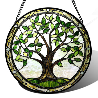AMDERVEN Stained Glass Window Hanging - Brown Tree Trunk Green Leaves Sun Catcher for Door Garden Home Decor Plant Suncatcher Christmas Mother's Day Birthday Gifts for Women Men Mom Nana 6.3 in