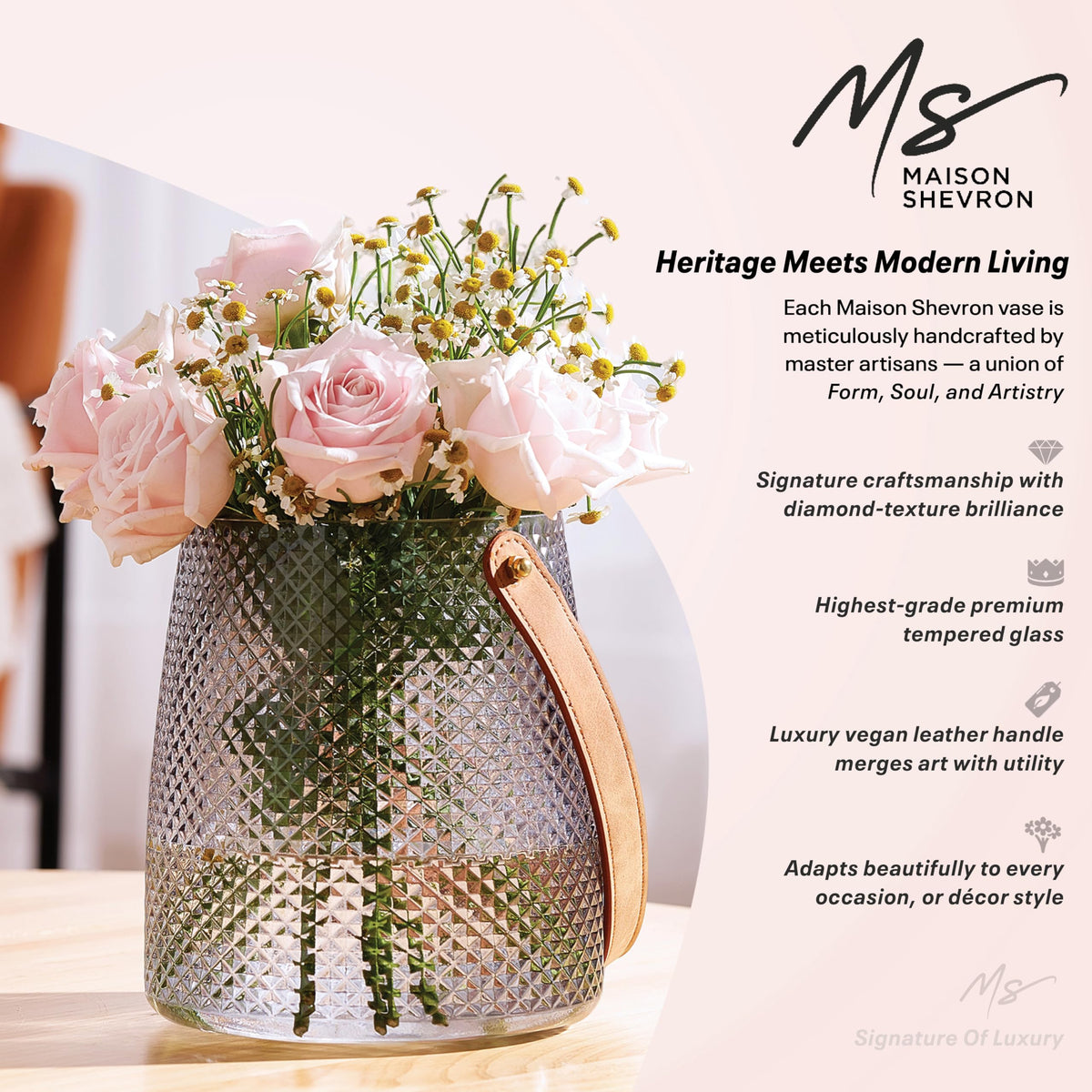Nordic Handcrafted Crystal Glass Flower Vase with Vegan Leather Handle – Smoke Gray Diamond Textured – Modern Decorative Centerpiece for Dining Table, Coffee Table & Luxury Home Decor