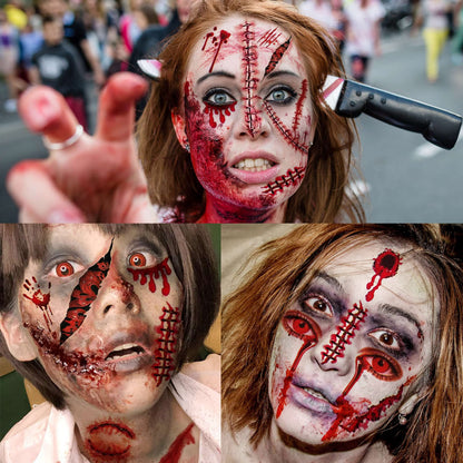 VANTATY 215+ PCS 30 Sheets 3D Fake Scars Tattoo Temporary Halloween Makeup Kit, Fake Stitches Tattoos Cut Scary Face Wound Blood Chucky Scars Tatoos For Kids Women Men Boys Girls Zombie Sticker