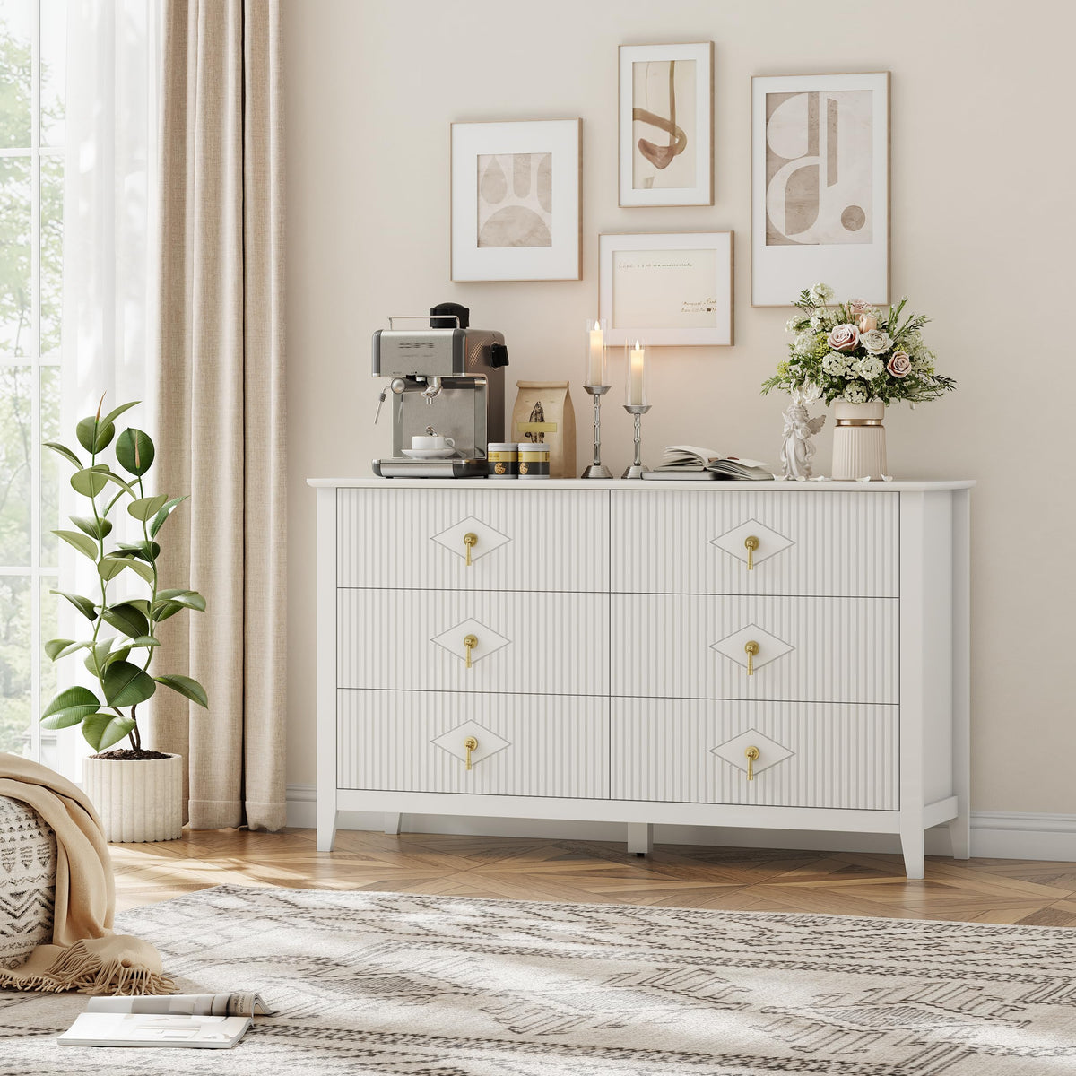GarveeHome Fluted Dresser for Bedroom, 54 Inch Wide 6-Drawer Wood Dresser, Modern Chest of Drawers, Storage Organizer Cabinet for Living Room, Hallway, Entryway, White