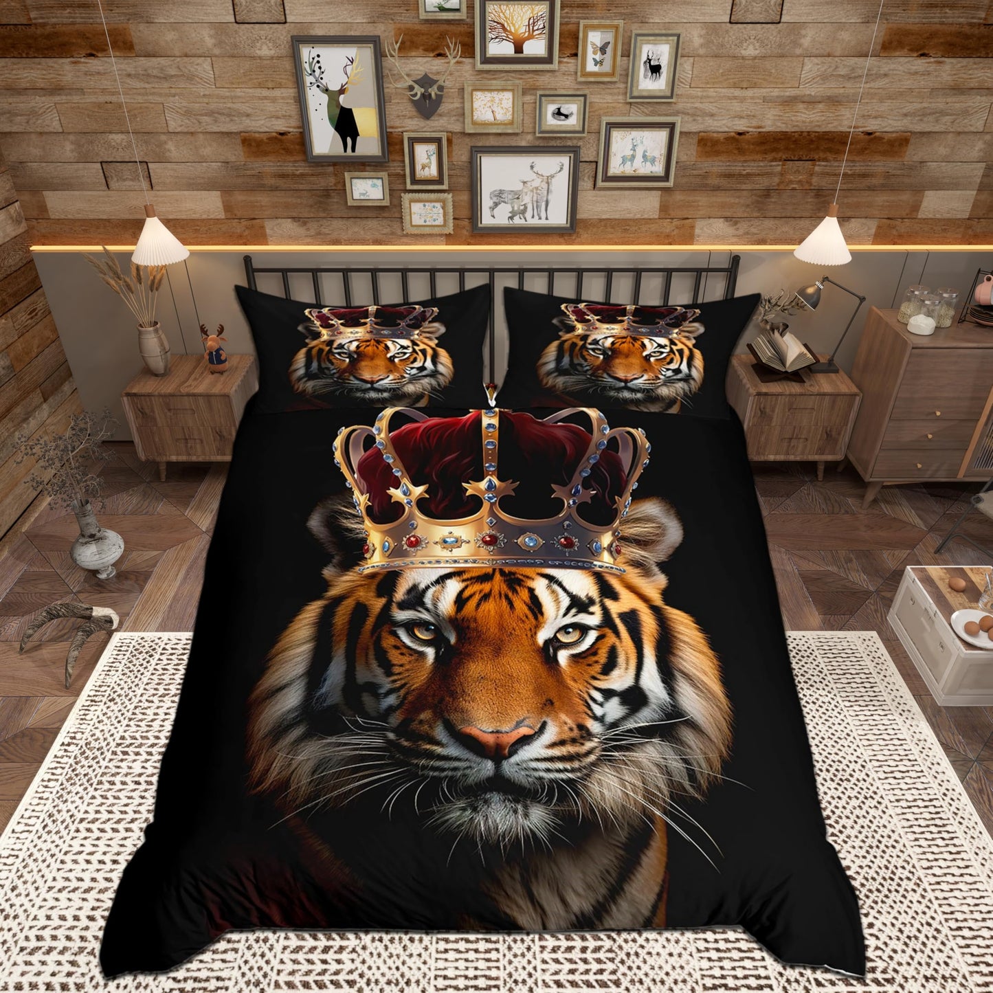 Homewish Wild Tiger Duvet Cover Set Full Size,3D Wildlife African Tropical Animal Comforter Cover with 2 Pillowcases,Golden Crown Print Black Breathable Bedspread for Boys Teens