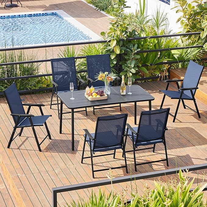 Yaheetech Patio Dining Chairs Set of 2, Portable Dining Chairs with Armrests for Camping, Lawn and Beach, Folding Patio Chairs 2-Pack of Metal Frame, Navy Blue