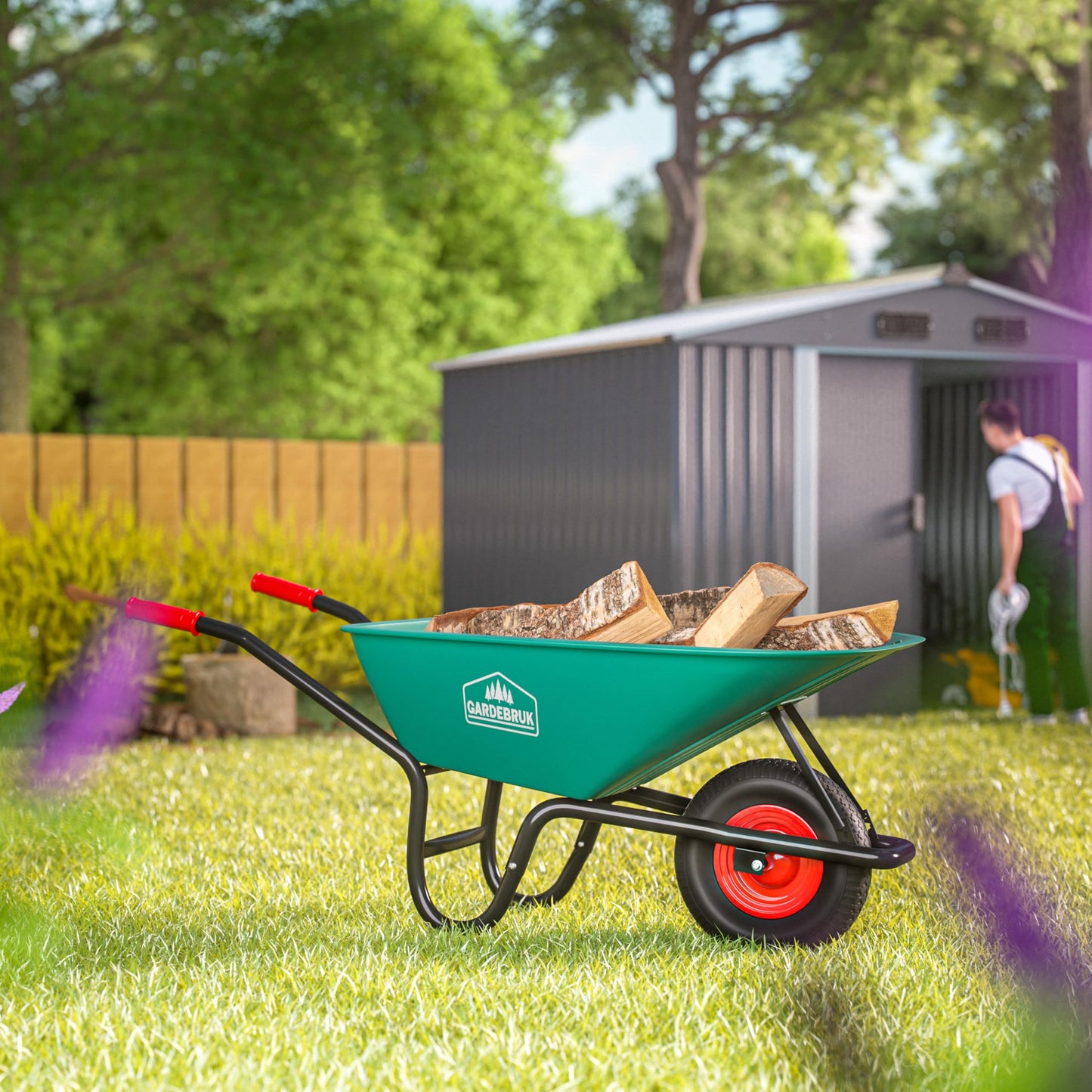 GARDEBRUK® Heavy Duty Garden Wheelbarrow | 100L 250KG | Pneumatic Tyre | Steel Rim | Impact-Resistant Polypropylene Tub | Strong Large Transport Trolley Handcart Wheel Barrow | Green & Black
