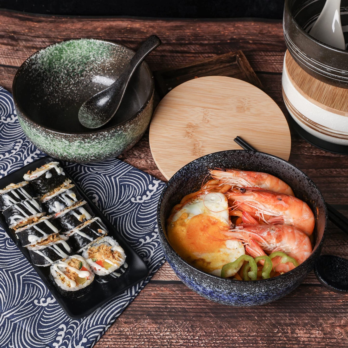 Cteaffee Ceramic Ramen Bowl Set, 38 OZ, Japanese Style, Durable, Microwave & Dishwasher Safe, Includes Spoon & Chopsticks (6), Blue
