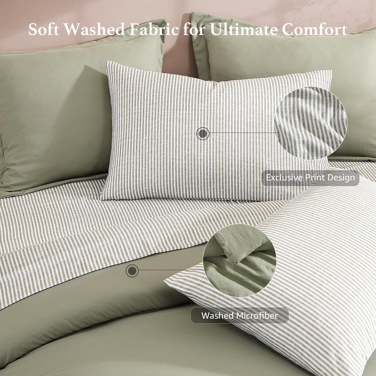 Monbix Queen Comforter Set - 7 Pieces Green Prewashed Bed in a Bag Queen Bedding Sets with Comforters, All Seasons Ultra Soft Comforter Bed Set with Sheets,Pillowcases & Shams