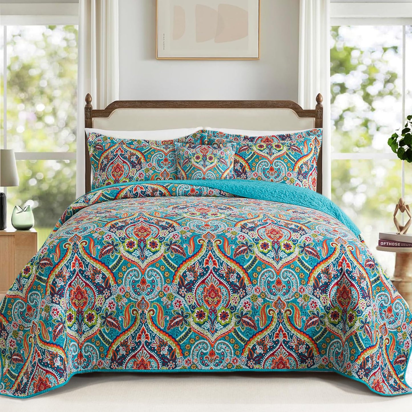 TWINRUN Cotton California King Quilt, Floral Style Oversized King Size Bedspreads (108 * 118 Inch),3 Pieces Lightweight Quilted Cotton California King Bed Set for All Seasons
