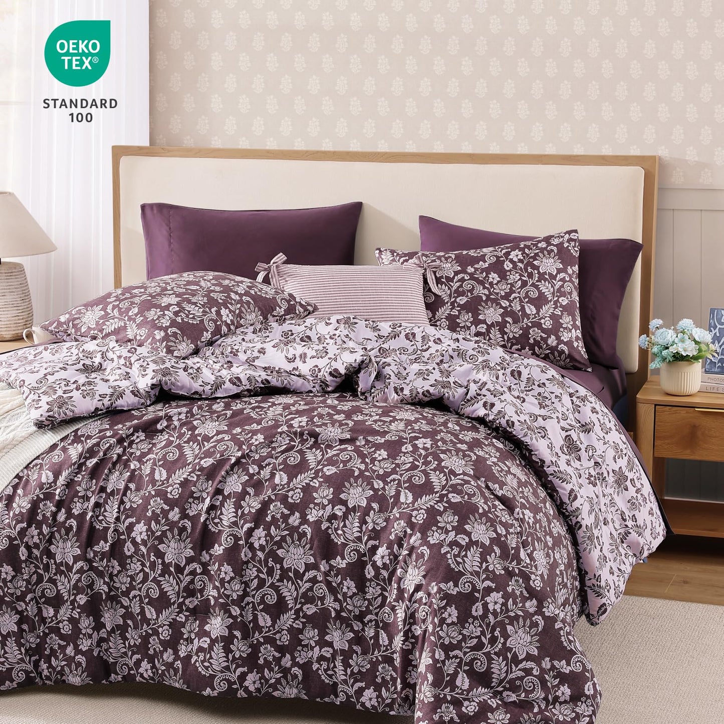 BLOOMHAVEN Queen Comforter Set -7 Pieces Floral Dark Purple Comforter Set for All Seasons, Bed in a Bag Queen with Botanical Flowers Comforter, Sheets, Pillowcases & Shams