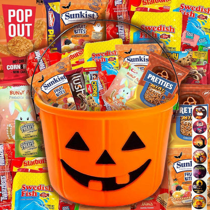 Halloween Assorted Pumpkin Bucket (44 Count) Filled with Candies, Snacks, Cookies and more, Treats for Family, Friends, Kids, Boys and Girls