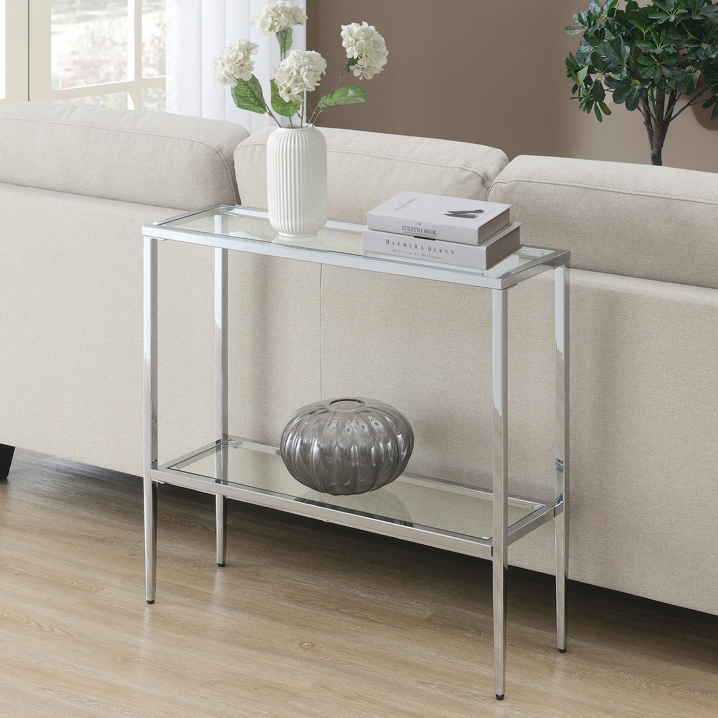 Convenience Concepts Nadia Chrome Entryway Table 31.5" - Contemporary Modern Sofa Console Table with Storage Shelf, Narrow Minimalist Hall Table for Living Room, Bedroom, Bathroom, Glass/Chrome