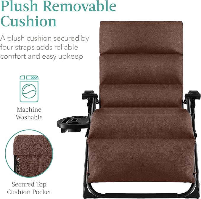 Best Choice Products Oversized Zero Gravity Chair, Folding Outdoor Patio Recliner, XL Anti Gravity Lounger w/Removable Cushion, Cup Holder, Side Tray, 350lb Capacity - Woodland Brown