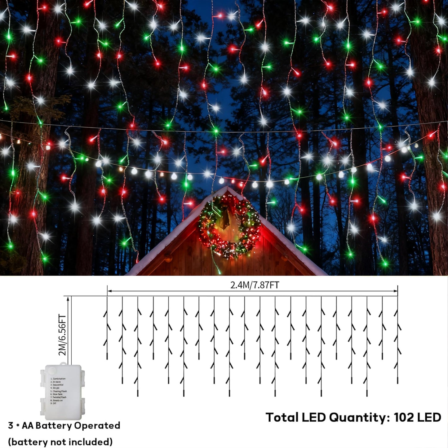 2 Pack Red White Green Christmas Icicle Lights Battery Operated, Total 204 LED Twinkle Icicle Lights 20Ft Clear Wire with 8 Lighting Modes Timer Function for Outdoor Indoor House Party Decoration