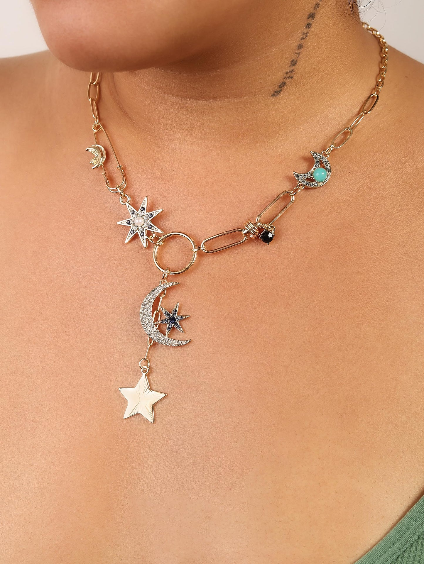 Sacina Boho Gold-Tone Moon and Star Necklace, Star Jewelry, Gold-tone Charm Boho Necklace, Christmas Jewelry Gift For Women