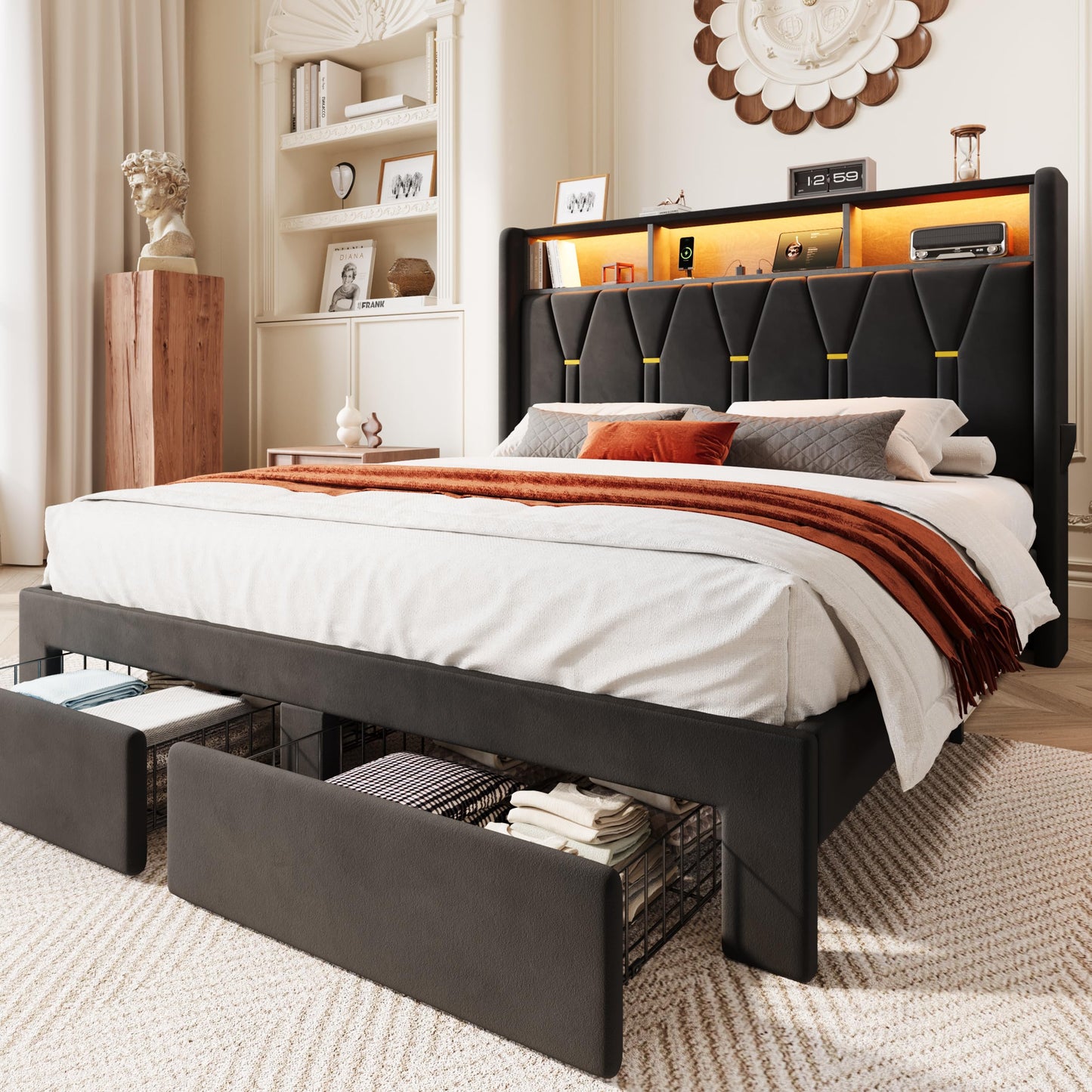 SHA CERLIN Queen Velvet Platform Bed Frame with 2 Storage Drawers, LED Storage Headboard with Charging Station, Upholstered Wingback Headboard, Noise-Free, No Box Spring Needed, Easy Assembly, Black