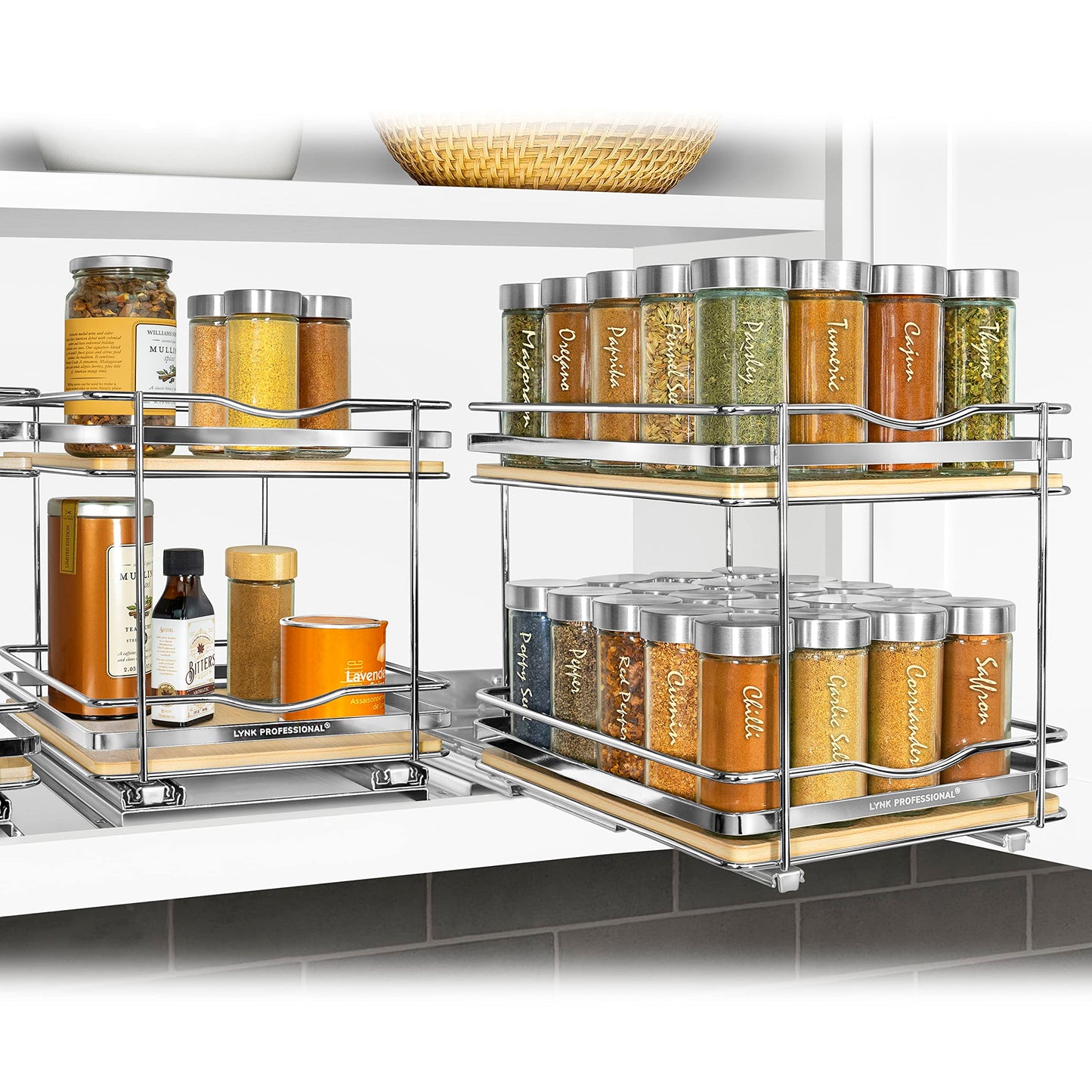 LYNK PROFESSIONAL® Pull Out Spice Rack Organizer for Inside Kitchen Cabinets - 4-1/4 inch Wide - Slide Out Drawer – Chrome Sliding Spice Cabinet Organization Shelf Racks - 2 Tier