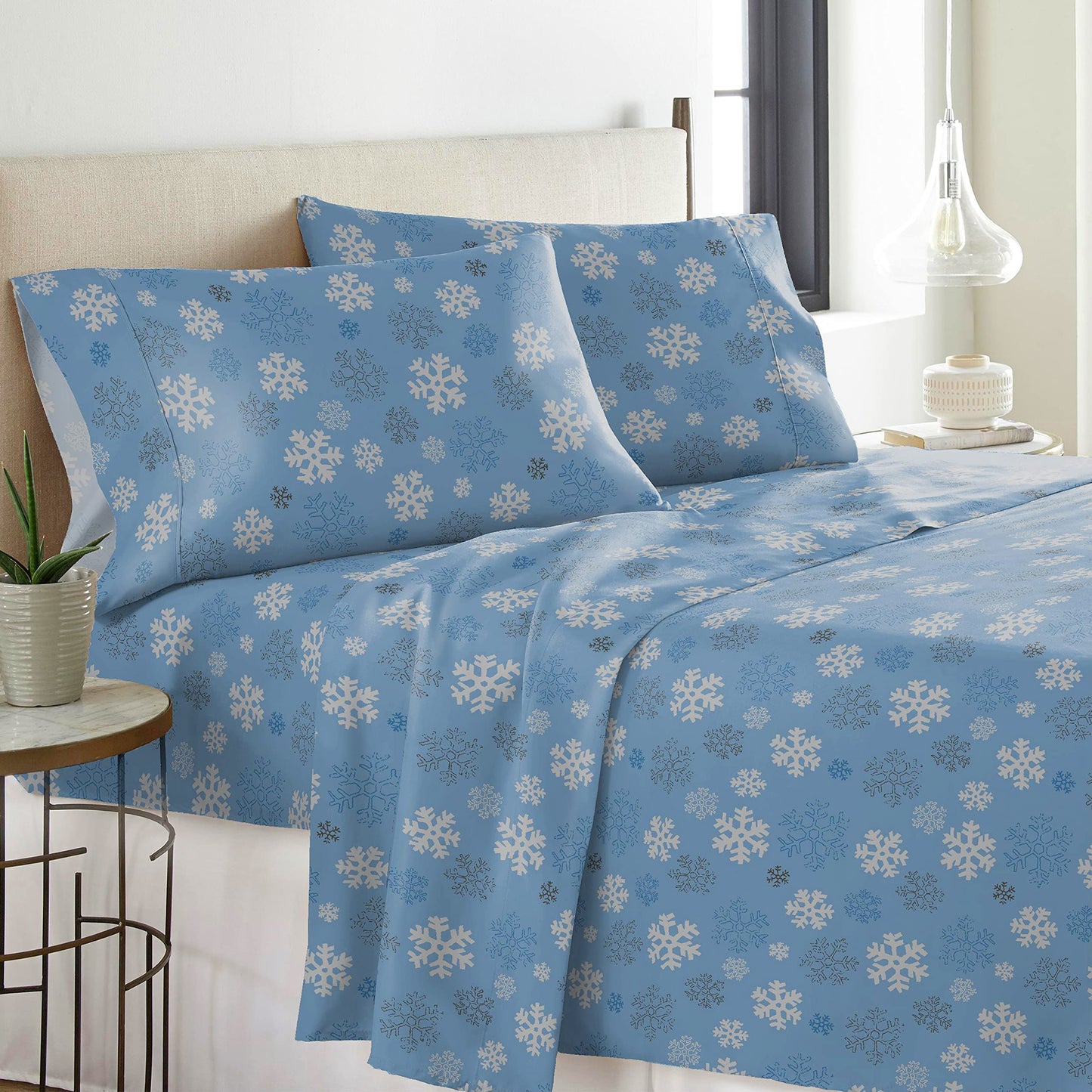 Pointehaven Heavy Weight Flannel Sheet Set, Queen, Snow Flakes - Warm & Cozy - 100% Cotton Flannel Pre-Shrunk -170 GSM -Deep Pockets -Easy Fit Elastic All Around-Comfy Double Brushed