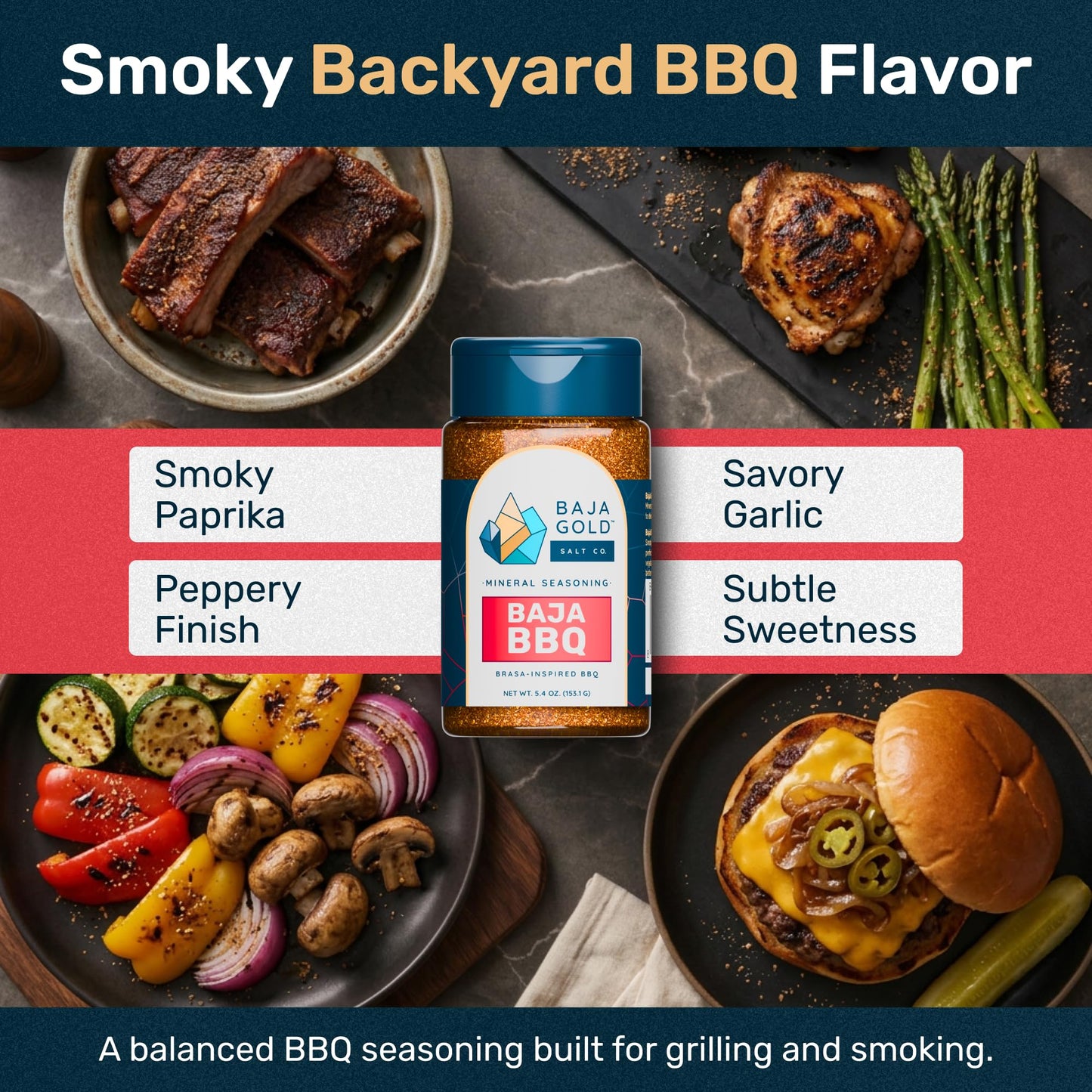 Baja Gold BBQ Seasoning, Smoky Barbecue Rub Blend with Paprika Cane Sugar Black Pepper and Mineral Sea Salt, for Ribs Chicken Pork and Burgers, All Purpose Seasoning and Meat Rub, 5.4 Oz