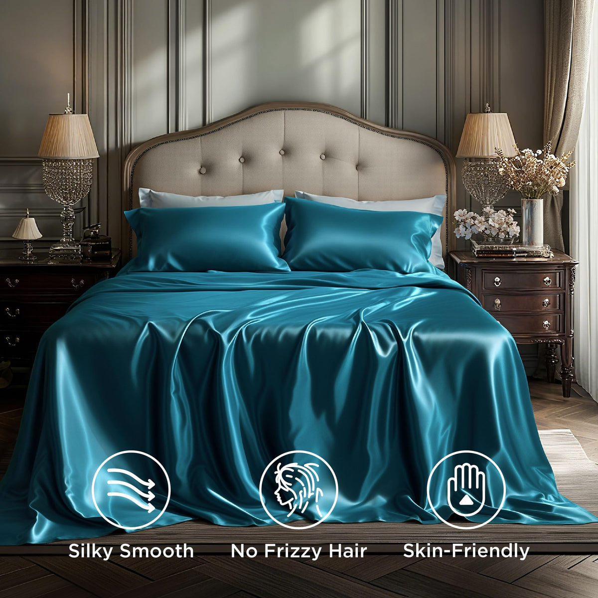 Bedsure Satin Sheets Full Size - 4 Piece Silky Bedsheets with 15 Inches Deep Pocket Fitted Bedsheet,1 Flat Sheet, 2 Satin Pillowcases, Good for Hair & Skin (Full, Teal)