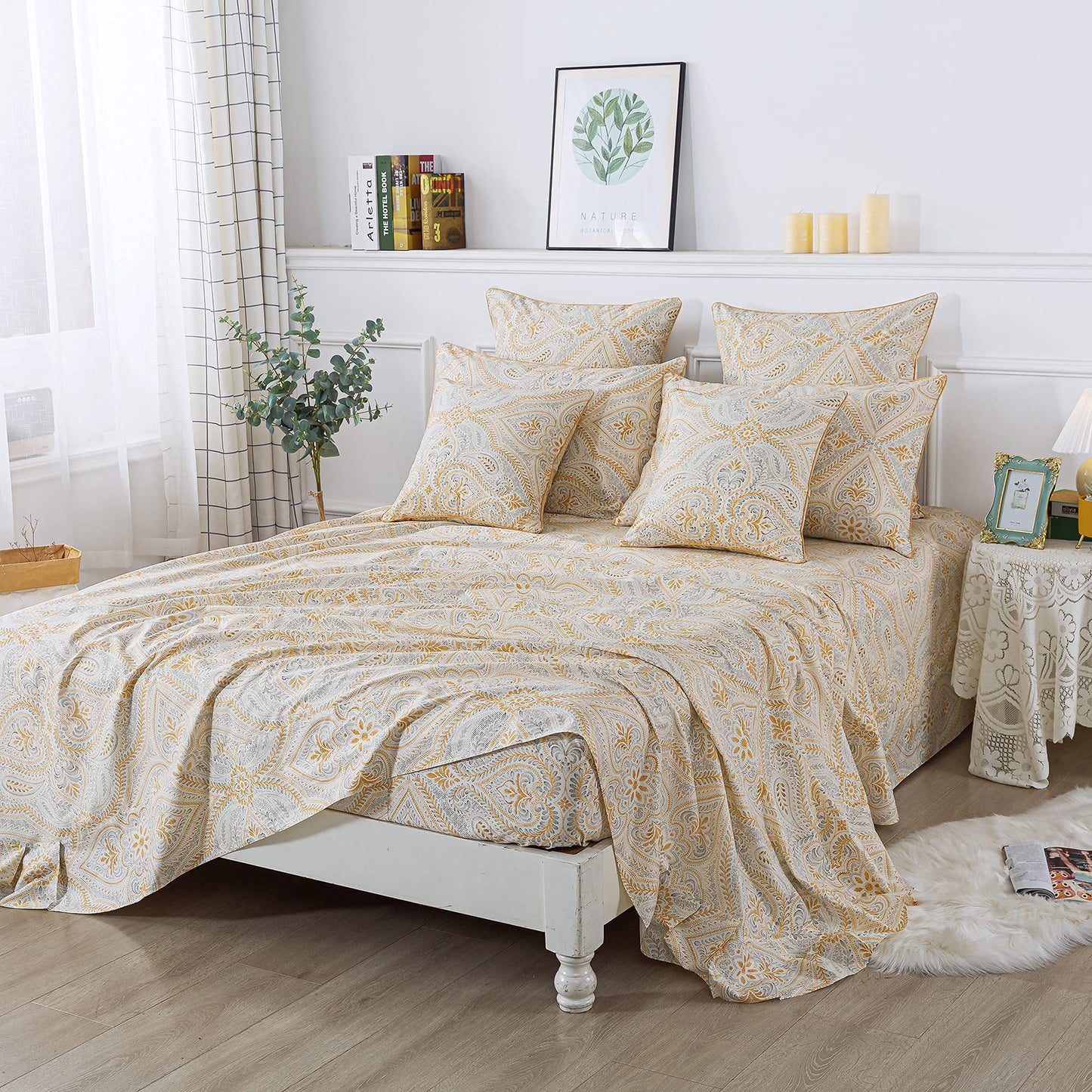 FADFAY Luxury Sheets Set Full Classical Damask Paisley Bedding Luxurious Gold Classy Paisley Bed Sheet Set Breathable 100% Cotton Ultra Soft Hypoallergenic Deep Pocket Fitted Sheet 4Pcs, Full Size
