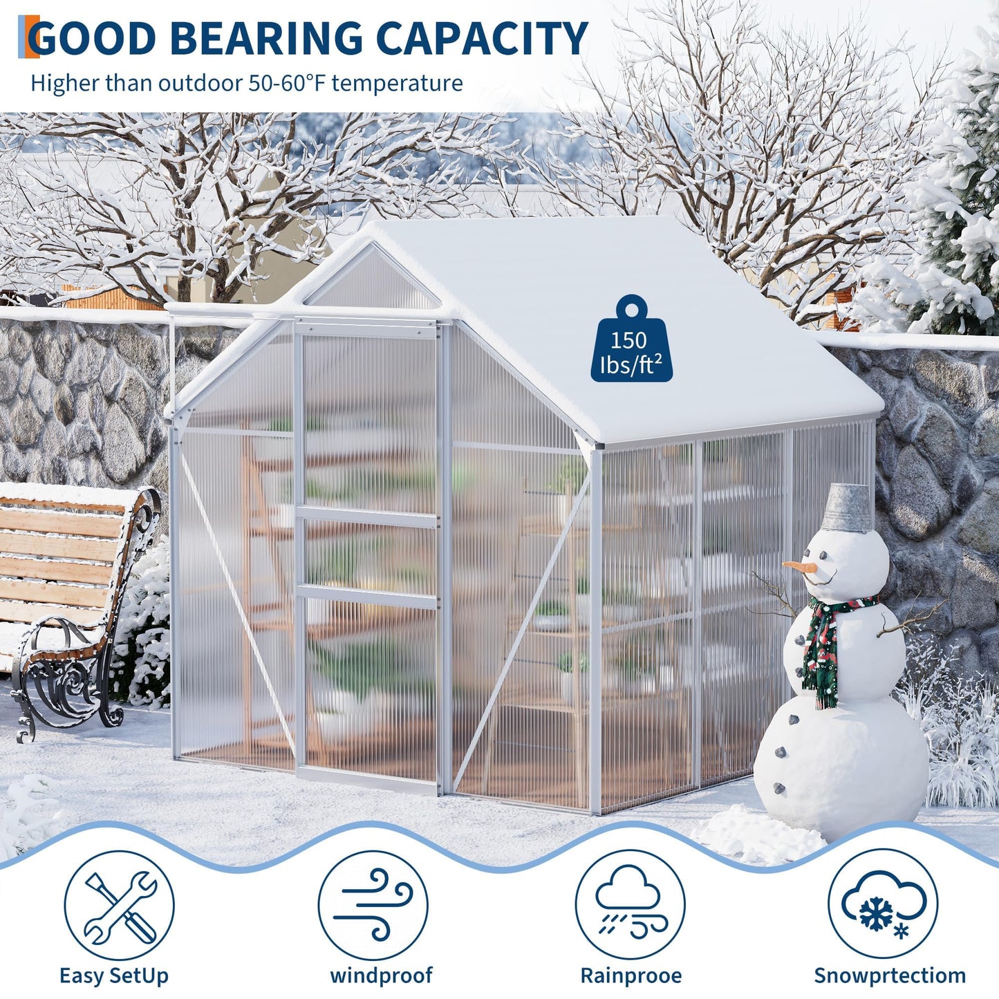 COZONY 6x6 FT Walk-in Polycarbonate Greenhouse for Outdoor Use – Sturdy Aluminum Frame, Lockable Sliding Door, Adjustable Roof Vent, Rain Gutter, Weather-Resistant – (8-Natural Color)