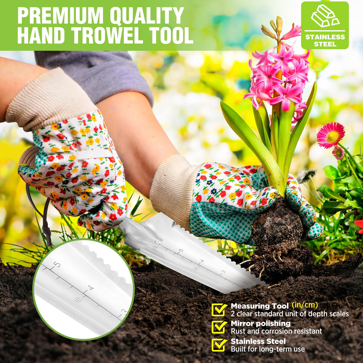 WORKPRO Garden Trowel with Wood Handle, Stainless Steel Narrow Hand Shovel, Multi- Use Flat Garden Trowel for Planting, Weeding, Transplanting, Digging, Small Weeding knife for Gardening