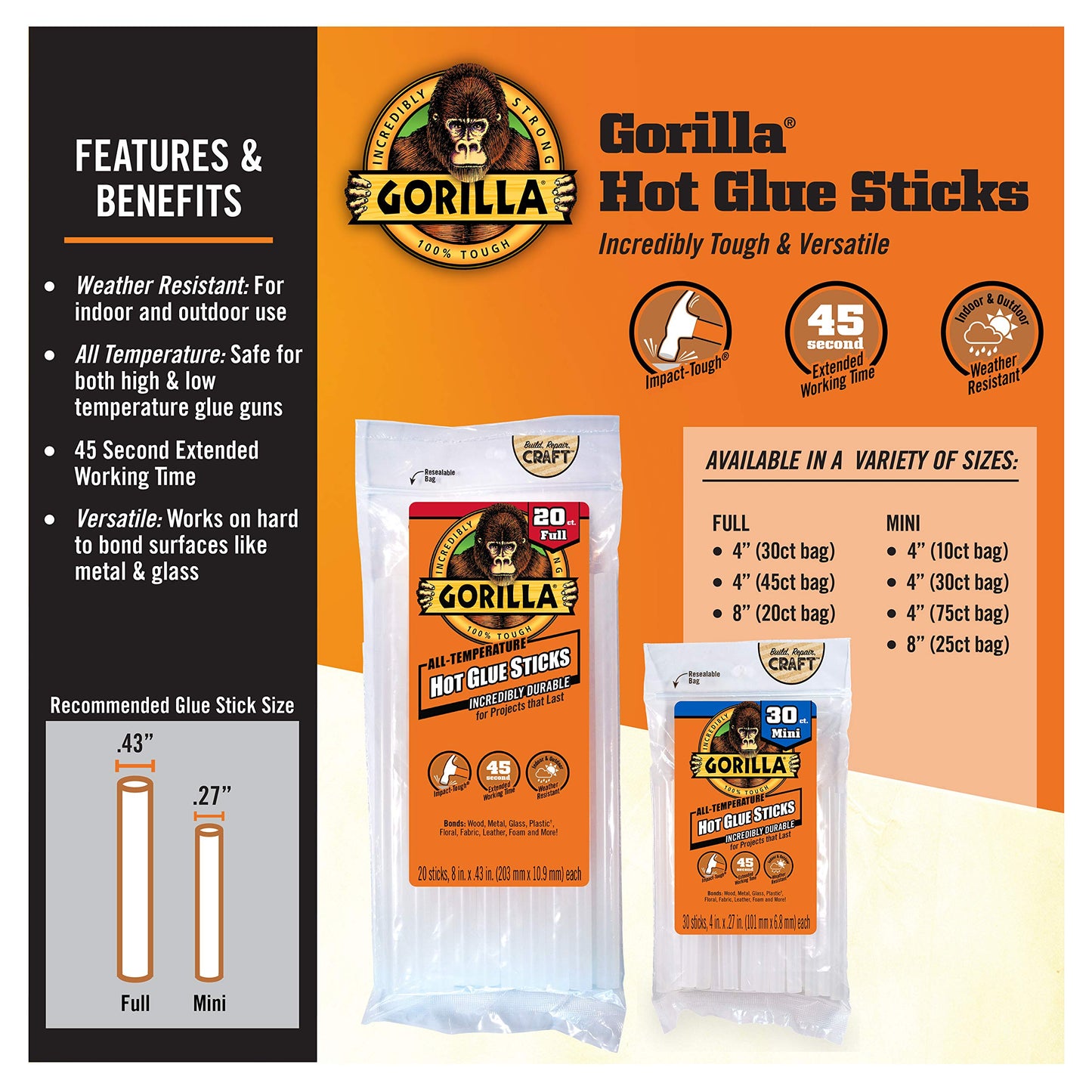 Gorilla 3032016 Hot Glue Sticks 8" Full Size (20 Count), Clear, 1 Pack