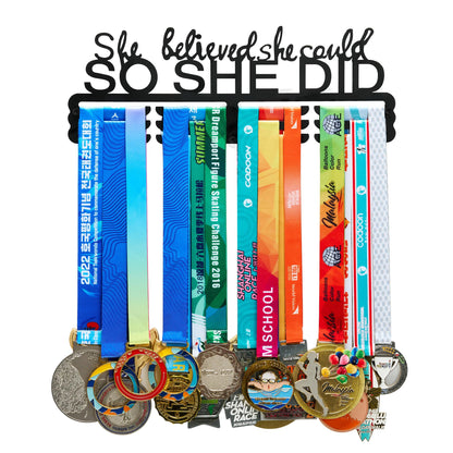 She Believed She Could So She Did Medal Hanger Display for Wall | Holds 60+ Medals | Sturdy Black Steel Sports Medal Holder Rack for Runners, Gymnastics, Dance | Inspirational Gift for Girls & Women