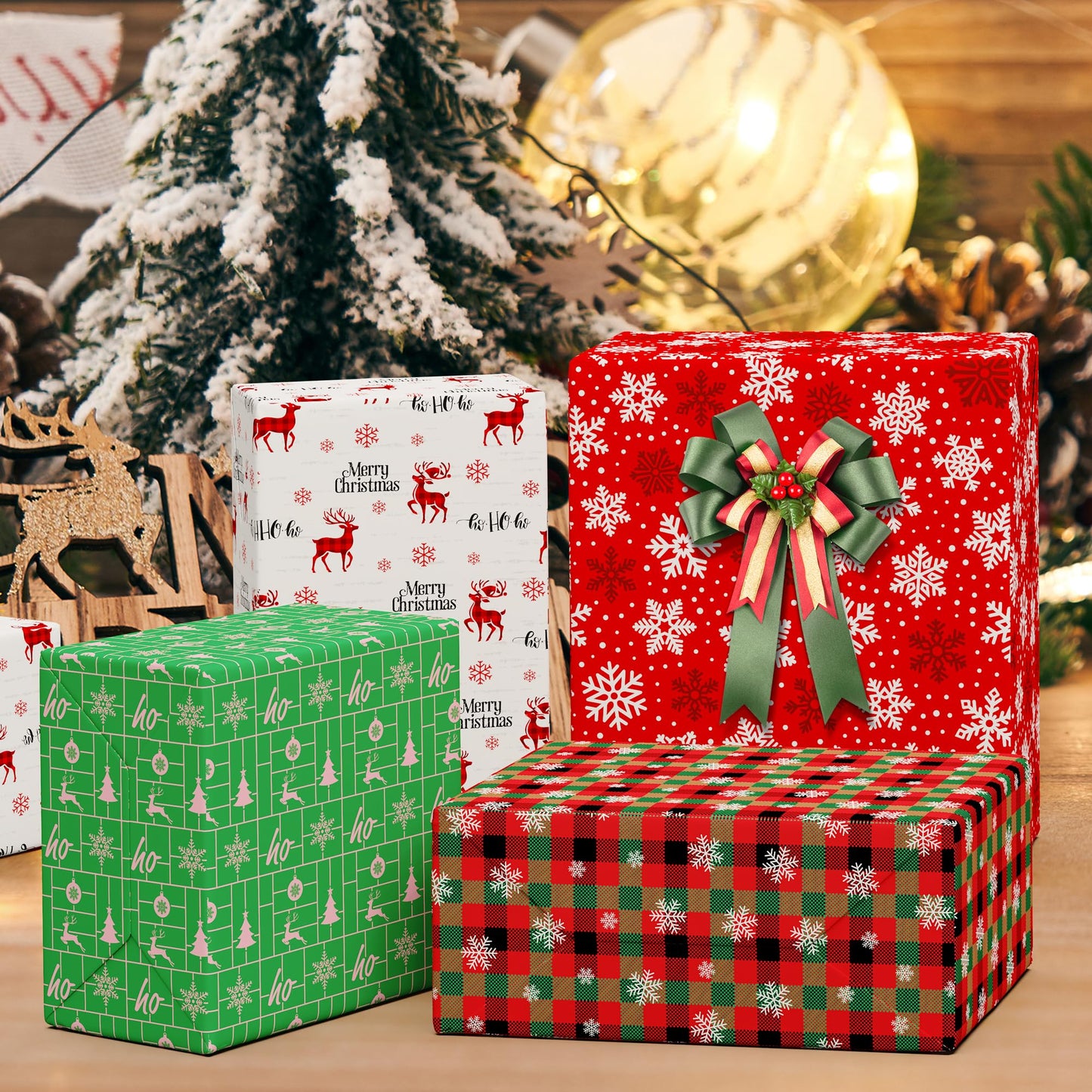 MotiGiftie Christmas Wrapping Paper for Kids Adults - Xmas Wrapping Paper with Red/Green Plaid, Reindeer, Snowflakes, “Ho Ho” Xmas Trees - 20 x 28 Inches, 8 Folded Sheets, Easy to Store
