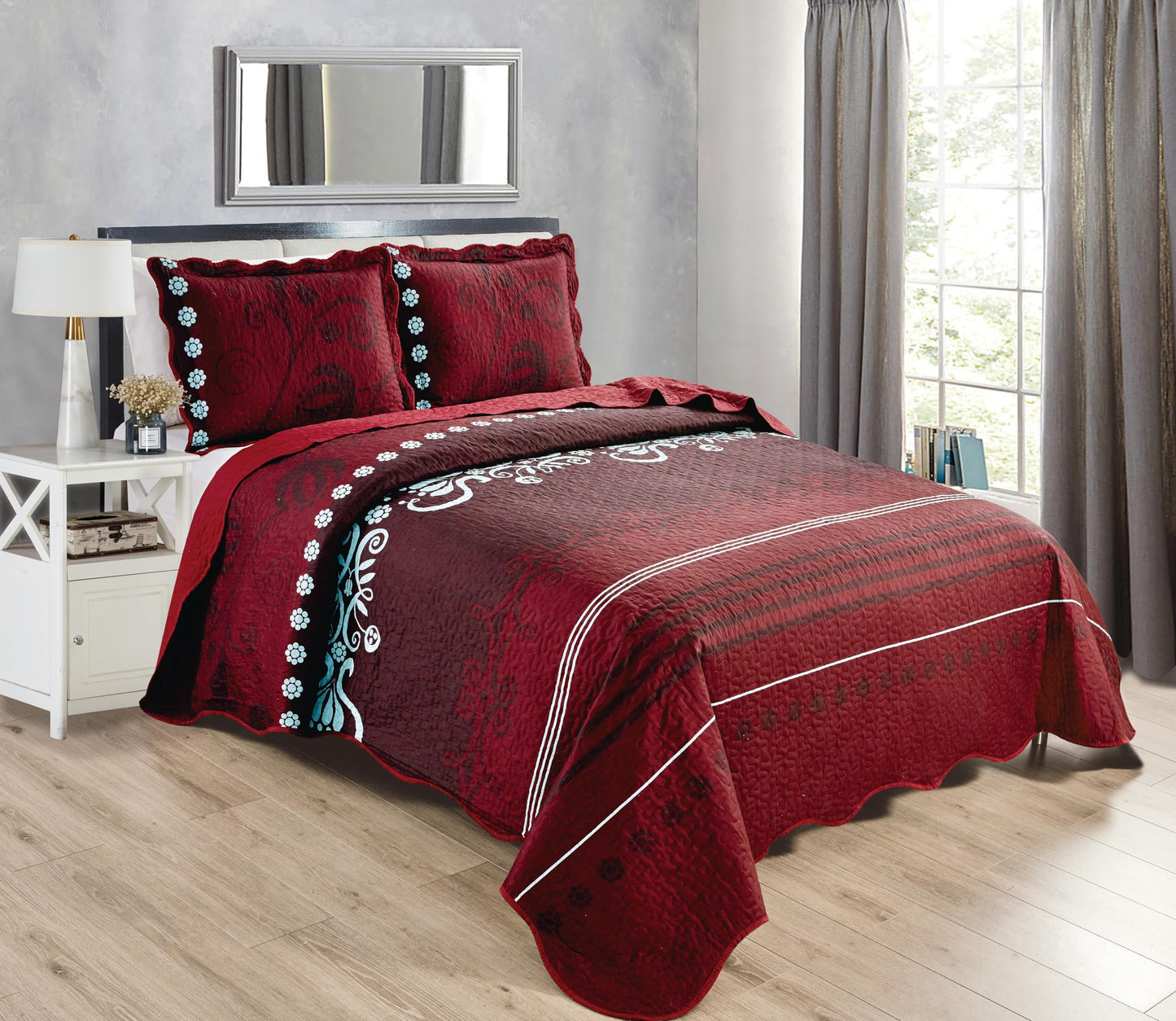 Grand Linen 3-Piece King Size Quilt Set, Red White