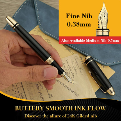 BEILUNER 315 Black Fountain Pen,Stunning Luxury Pens with 24K Gold Accents, Gorgeous 24K Gilded Nib(Fine), Ink Converter,Fancy Pen Gift for Men&Women-Elegant, Office, Graduation, Nice Design
