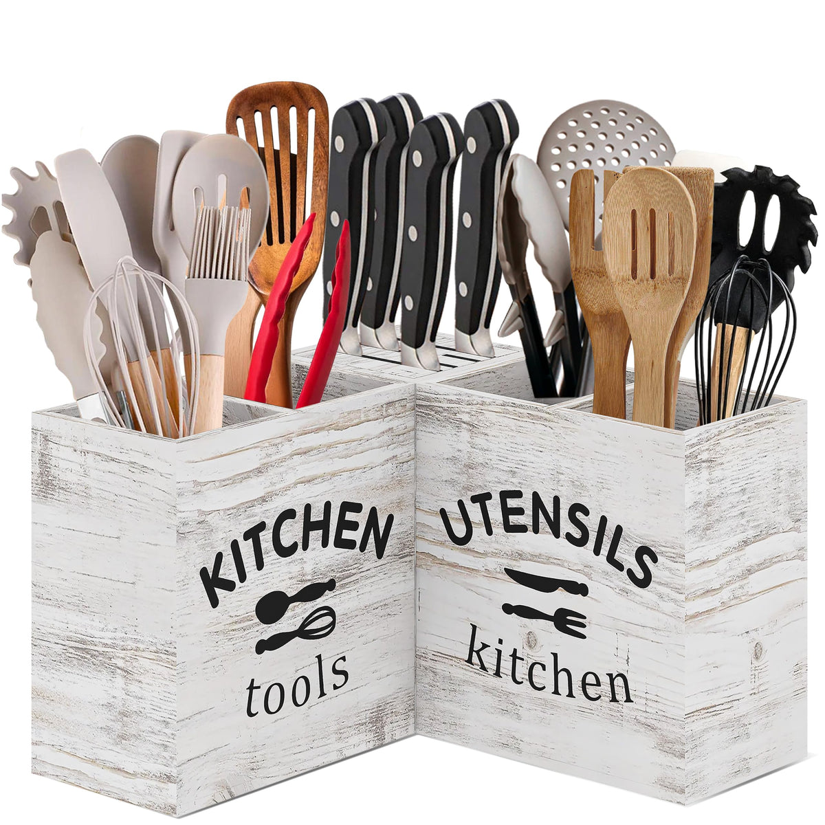 [Upgraded] Extra Large Kitchen Utensil Holder for Countertop with Knife Block, Triangle-Shaped, 5 Compartments, Removable Divider, Wooden Utensil Organizer for Countertop, Farmhouse Kitchen Decor